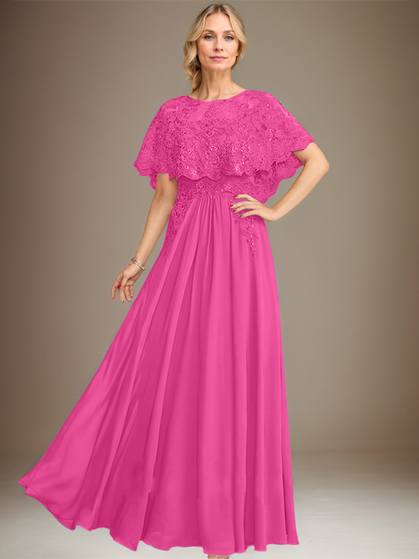 A-Linien Spitzen-Chiffon-Mutter-der-Braut-Kleid mit Bootsausschnitt, bodenlang und Applikations-Pailletten