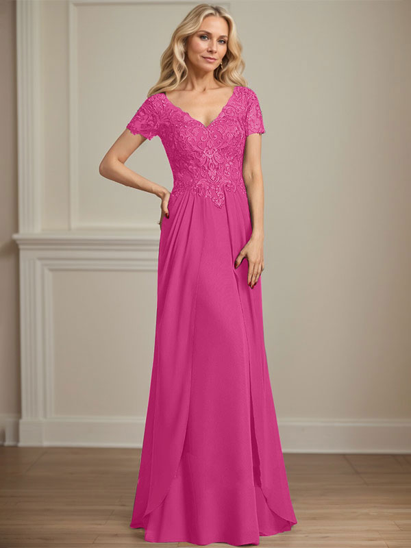 A-Linien Chiffon-Spitzen-Mutter-der-Braut-Kleid mit V-Ausschnitt, bodenlang