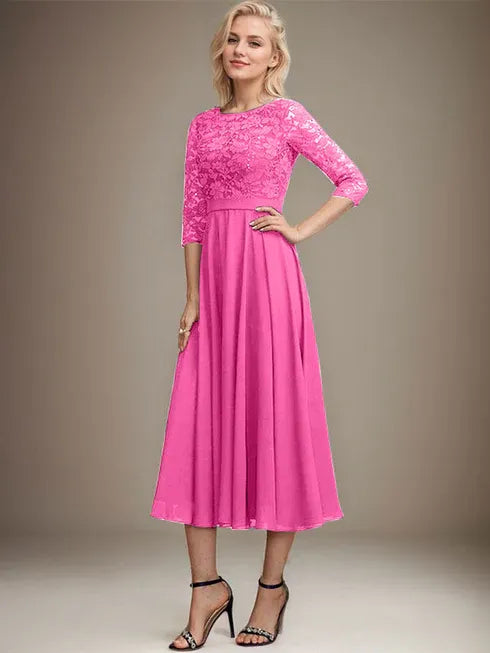 A-Linien Spitzen-Chiffon-Brautmutterkleid mit V-Ausschnitt, tea-length, mit Pailletten
