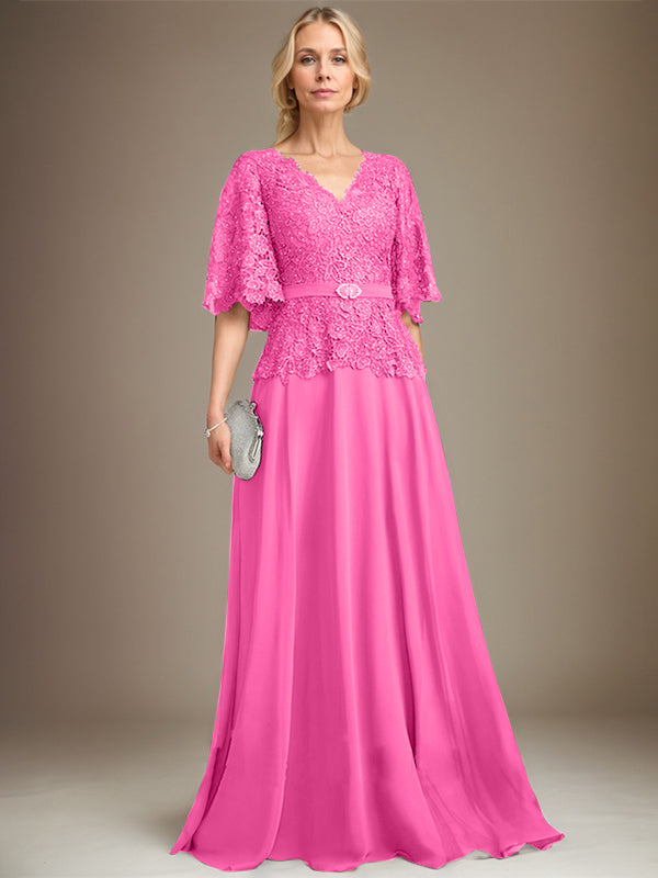 A-Linien V-Ausschnitt Bodenlanges Chiffon-Spitzen Mutter-der-Braut-Kleid mit Kristallbrosche und Strass