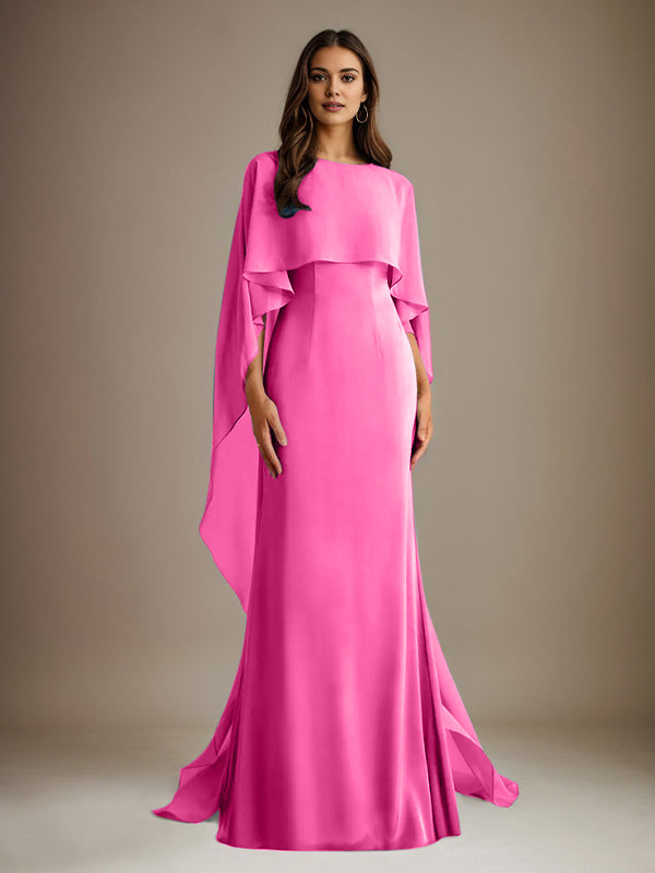 Etuikleid/Säulenkleid Bootsausschnitt bodenlanges Chiffon Mutter-des-Braut-Kleid mit kaskadierenden Rüschen