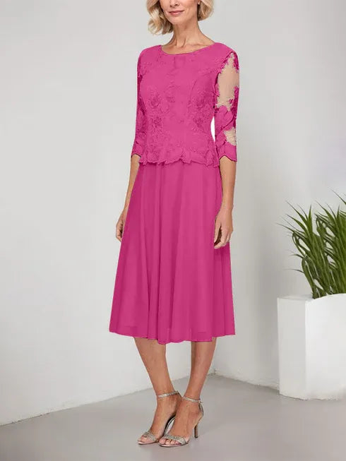 A-Linie Rundhals Tee-Länge Spitze Chiffon Mutter-der-Braut-Kleid mit Stickerei
