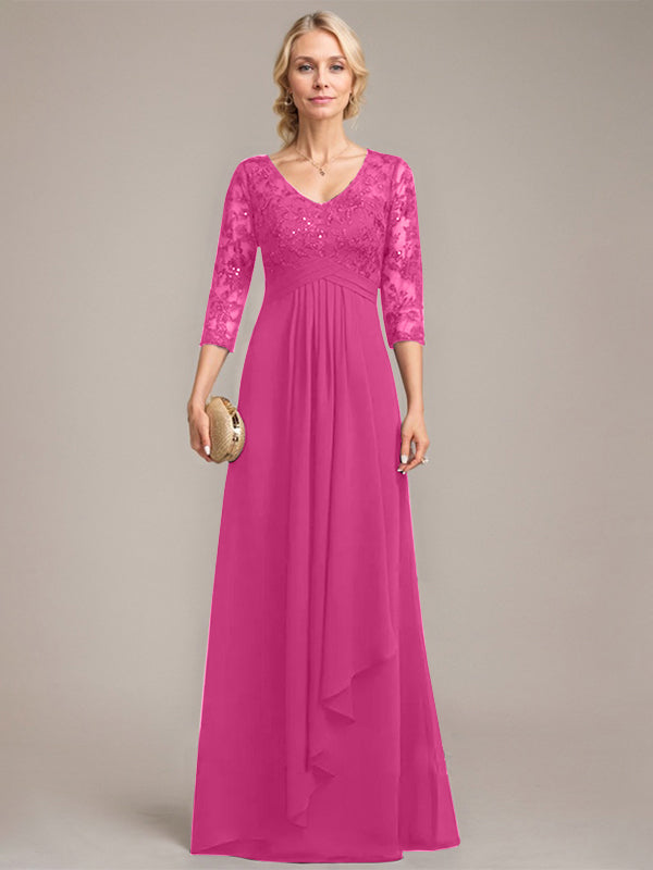 A-Linien V-Ausschnitt bodenlanges Spitzen-Chiffonkleid für die Mutter der Braut mit kaskadierenden Rüschen und Pailletten