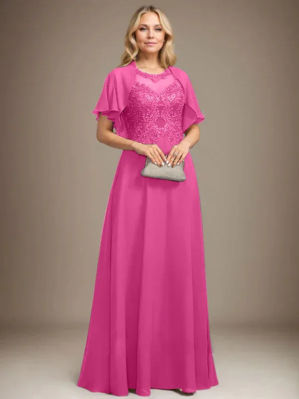 Vestido de madre de la novia de encaje y gasa con ilusión, escote redondo en línea A, largo hasta el suelo con lentejuelas