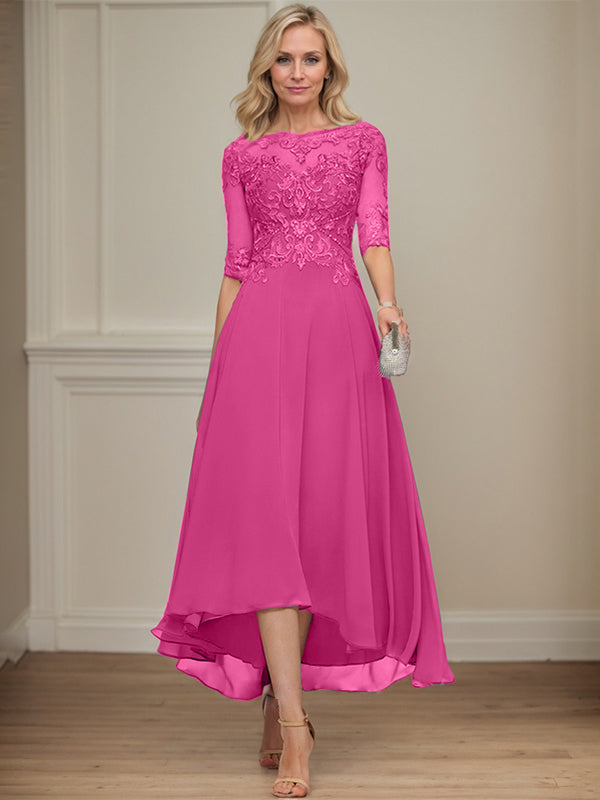 A-Linien Bootsausschnitt Illusionskleid mit asymmetrischem Chiffon-Spitzenstoff, Mutter-der-Braut-Kleid mit Paillettenperlen