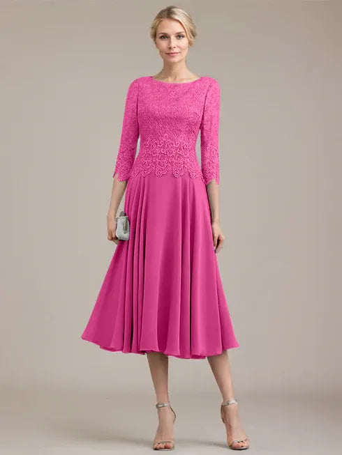 A-Linien Kleid mit Rundhalsausschnitt, tea-länge, Spitze und Chiffon, Mutter der Braut Kleid
