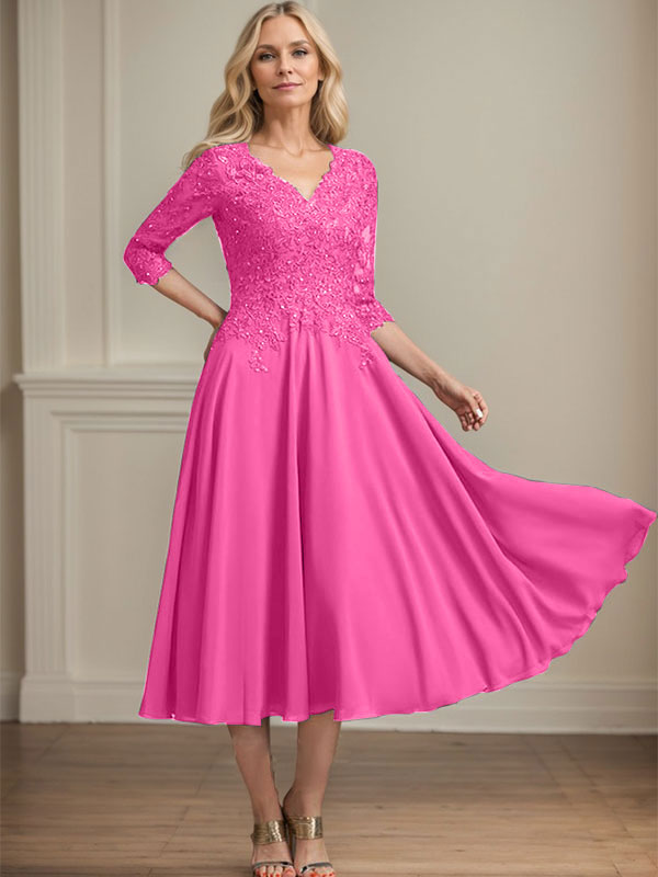 Robe de mère de la mariée en mousseline longueur thé, ligne A, col en V, en dentelle avec perles et sequins