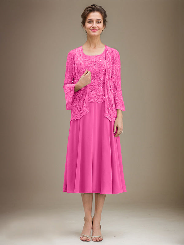 A-Linien Spitzen-Chiffon-Brautmutterkleid mit V-Ausschnitt, tea-length, mit Pailletten