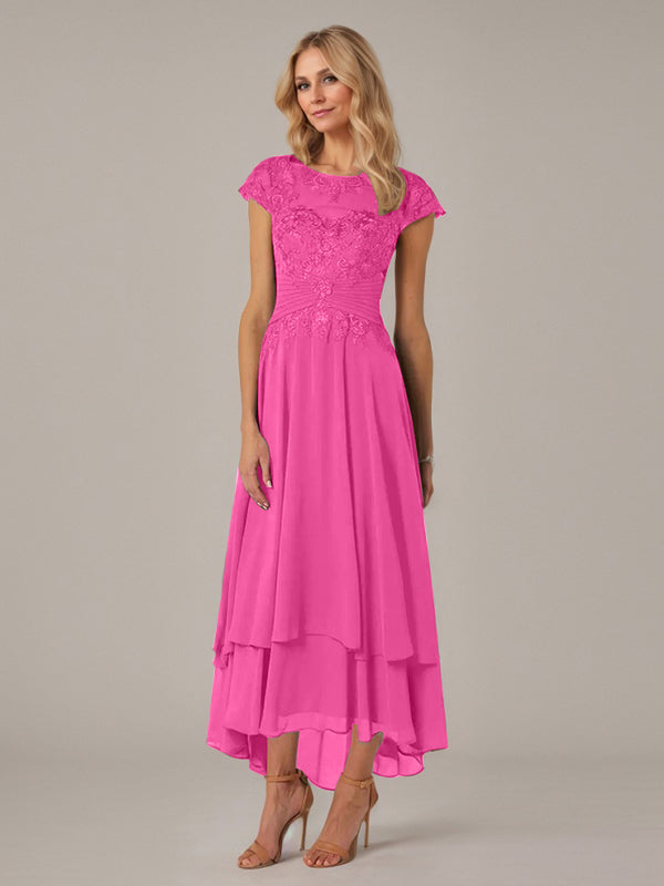 A-Linien Boot-Ausschnitt Illusions asymmetrisches Chiffon-Spitzen Mutterkleid der Braut mit Applikationsfalten