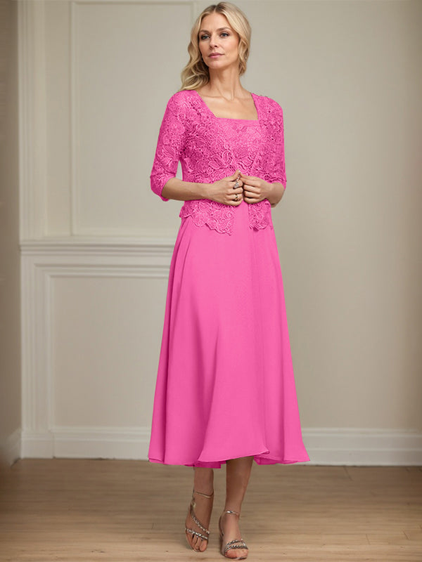 Robe de mère de la mariée en mousseline et dentelle ligne A longueur thé avec perles et sequins