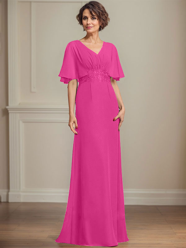 A-Linien Chiffon Mutter-der-Braut-Kleid mit V-Ausschnitt, bodenlang, mit plissierten Pailletten-Applikationen und Spitze