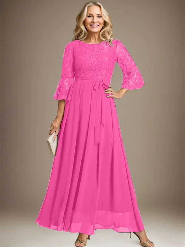 A-line Scoop Ankle-Length Lace Chiffon Mother of the Bride Dress With Bow