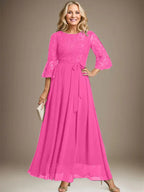 A-line Scoop Ankle-Length Lace Chiffon Mother of the Bride Dress With Bow