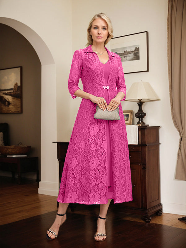Robe mère de la mariée en mousseline longueur thé à encolure en V et coupe trapèze