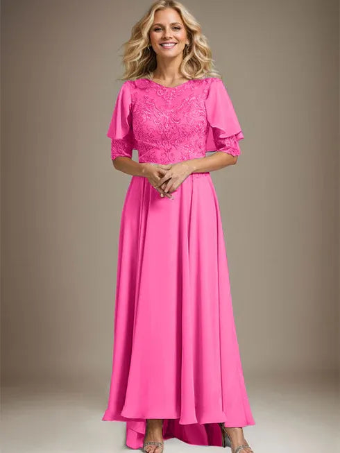A-Linien Kleid mit Scoop-Ausschnitt, Illusion, asymmetrischem Chiffon und Spitzen, Mutter-der-Braut-Kleid mit Perlenbesatz