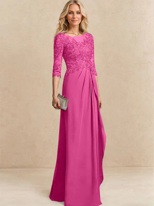 Vestido para la madre de la novia línea A con escote redondo ilusión, largo hasta el suelo, de gasa y encaje con cuentas, lentejuelas y volantes en cascada