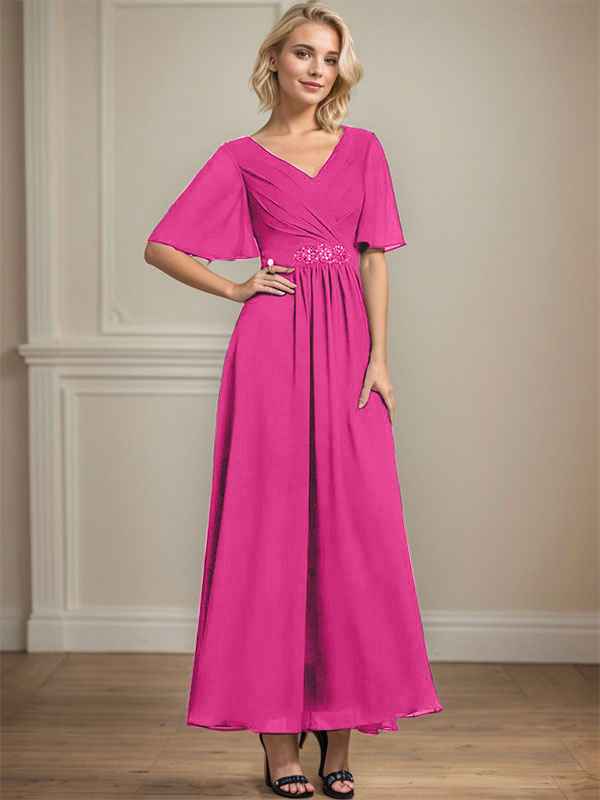 A-Linien V-Ausschnitt Knöchellanges Chiffon Kleid für die Brautmutter mit plissierten Perlen und Pailletten