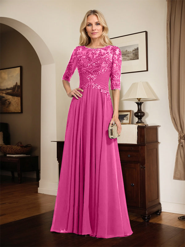 A-Linien Ausschnitt Illusions-Bodenlanges Chiffon-Spitzenkleid für die Mutter der Braut mit plissierten Pailletten