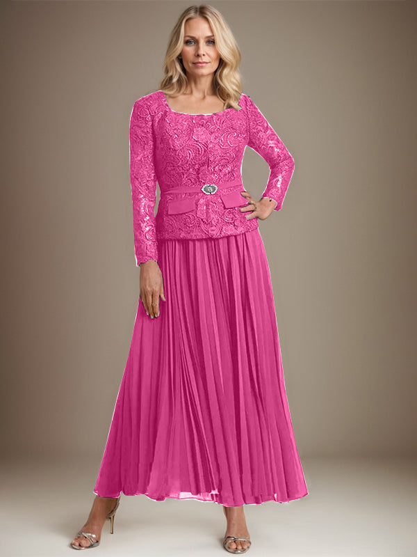 A-Linien-Kleid mit quadratischem Ausschnitt, knöchellang, Chiffon, Mutter der Braut, mit Falten