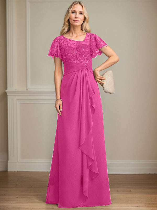 A-Linie asymmetrisches Illusions bodenlanges Spitzen-Chiffon Brautmutterkleid mit kaskadierenden Volants und Pailletten