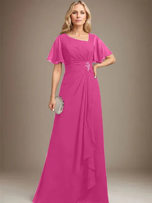A-Linien asymmetrisches bodenlanges Chiffon Mutter-der-Braut-Kleid mit plissierten Perlen und Pailletten
