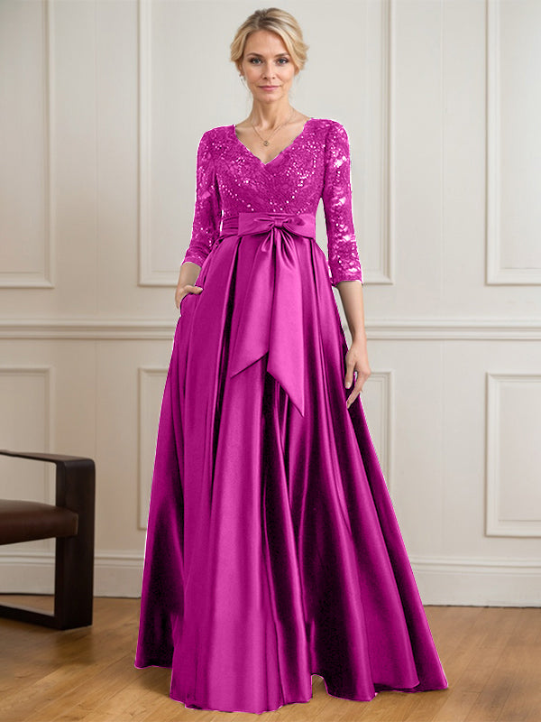Robe mère de la mariée en satin et dentelle, coupe trapèze, col en V, longue avec nœud à sequins