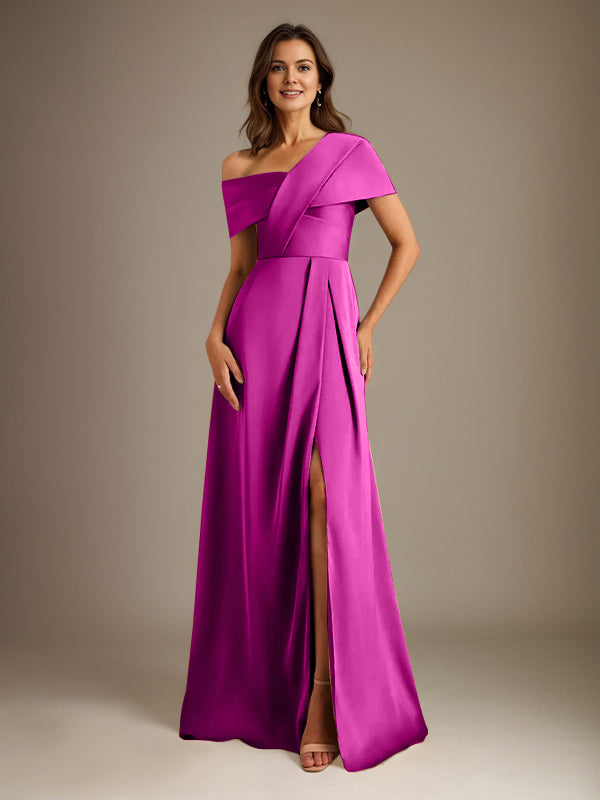 A-Linien asymmetrischer Ausschnitt bodenlanges Satin-Brautkleid für die Brautmutter mit Falten