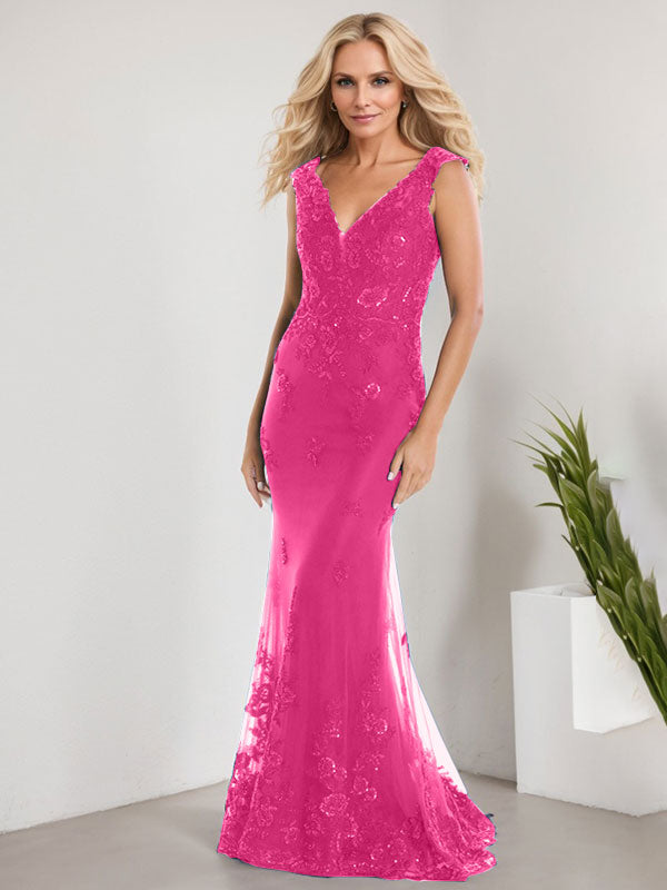 A-Linien V-Ausschnitt bodenlanges Spitzen-Chiffon Kleid für die Brautmutter mit Applikationen und Pailletten Meerjungfrauenkleid