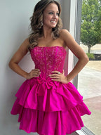 Fuchsia A-Line Strapless Short Satin Homecoming Dress With Beading
