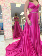 Fuchsia A Line Sequin Strap Pleated Long Prom Dress with Keyhole