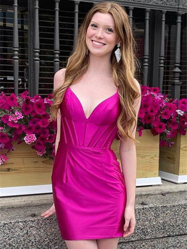 A-Linien-Kleid mit V-Ausschnitt aus Satin, kurz, Homecoming-Kleid