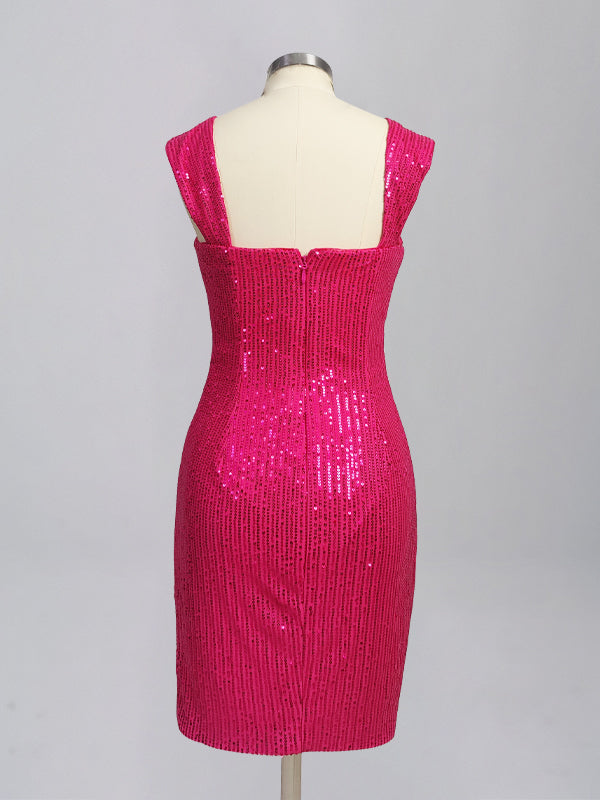 Fuchsia Bodycon Square Neck Short Homecoming Dress with Sequins