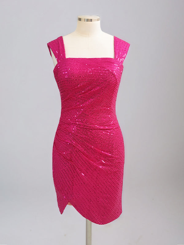 Fuchsia Bodycon Square Neck Short Homecoming Dress with Sequins