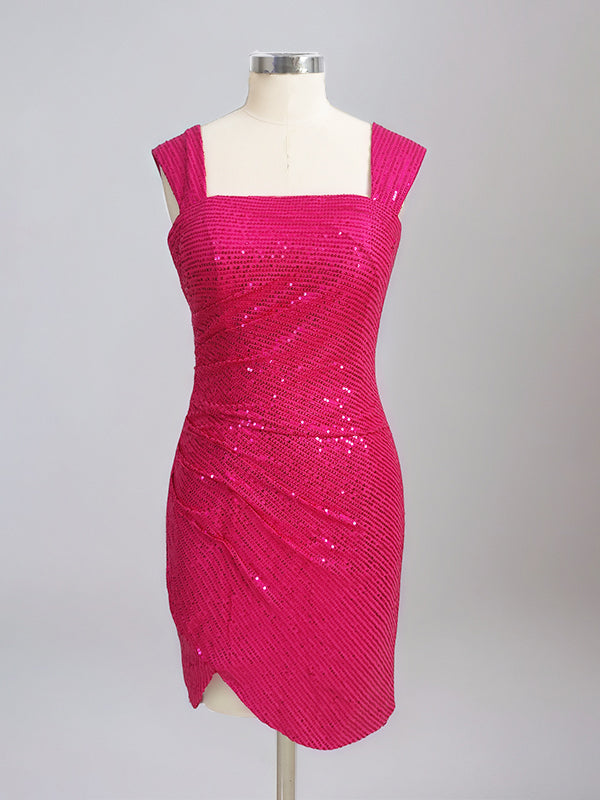 Fuchsia Bodycon Square Neck Short Homecoming Dress with Sequins