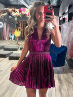 Fuchsia Halter Ruffles Beaded Pleated Short Homecoming Dress