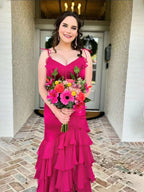 Fuchsia Mermaid Spaghetti Straps Ruffles Long Prom Party Dress