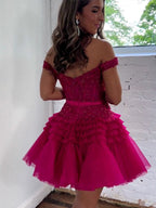 Fuchsia Off The Shoulder A-Line Homecoming Dress With Belt
