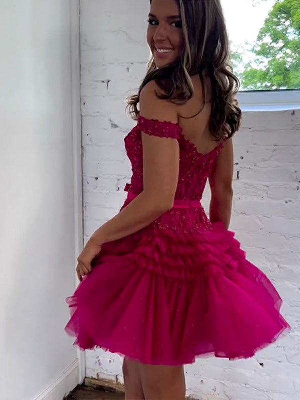 Fuchsia Off The Shoulder A-Line Homecoming Dress With Belt