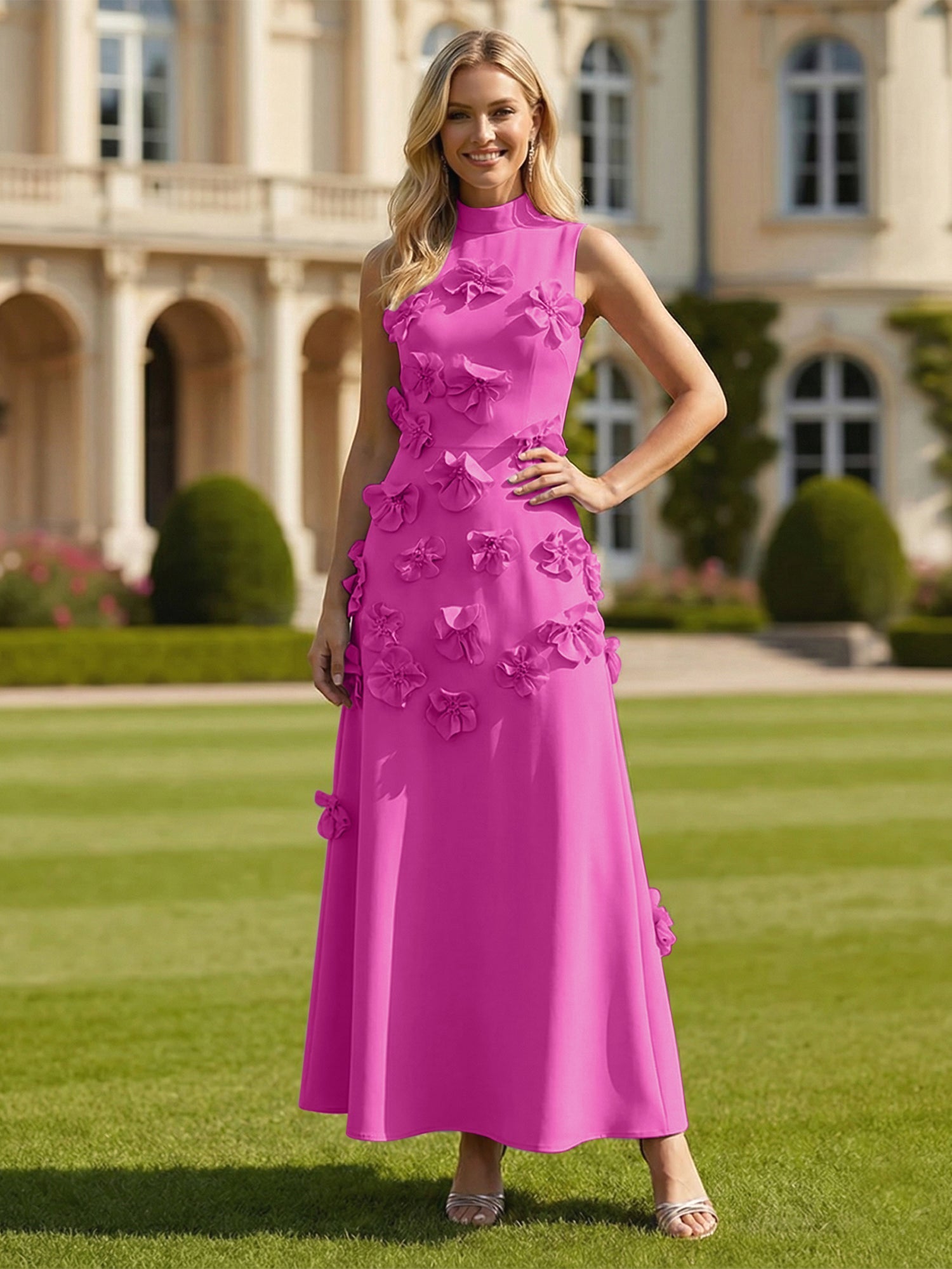 A Line High Neck Sleeveless Floor Length Stretch Crepe Dress With 3D Flowers