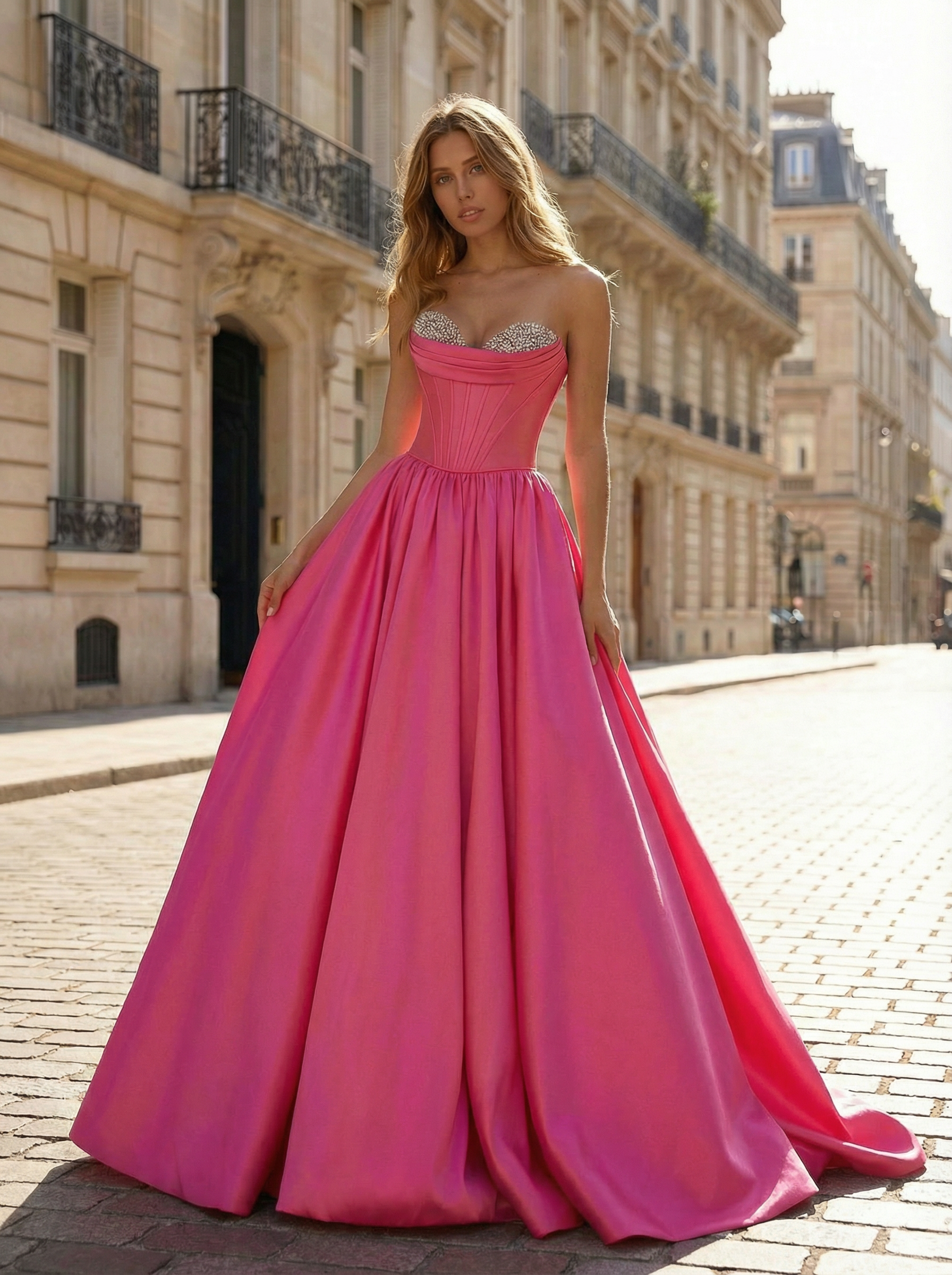 fuchsia dress prom Fuchsia Sweetheart Satin Prom Dress with Crystal-Embellished Bustier – DUNALI
