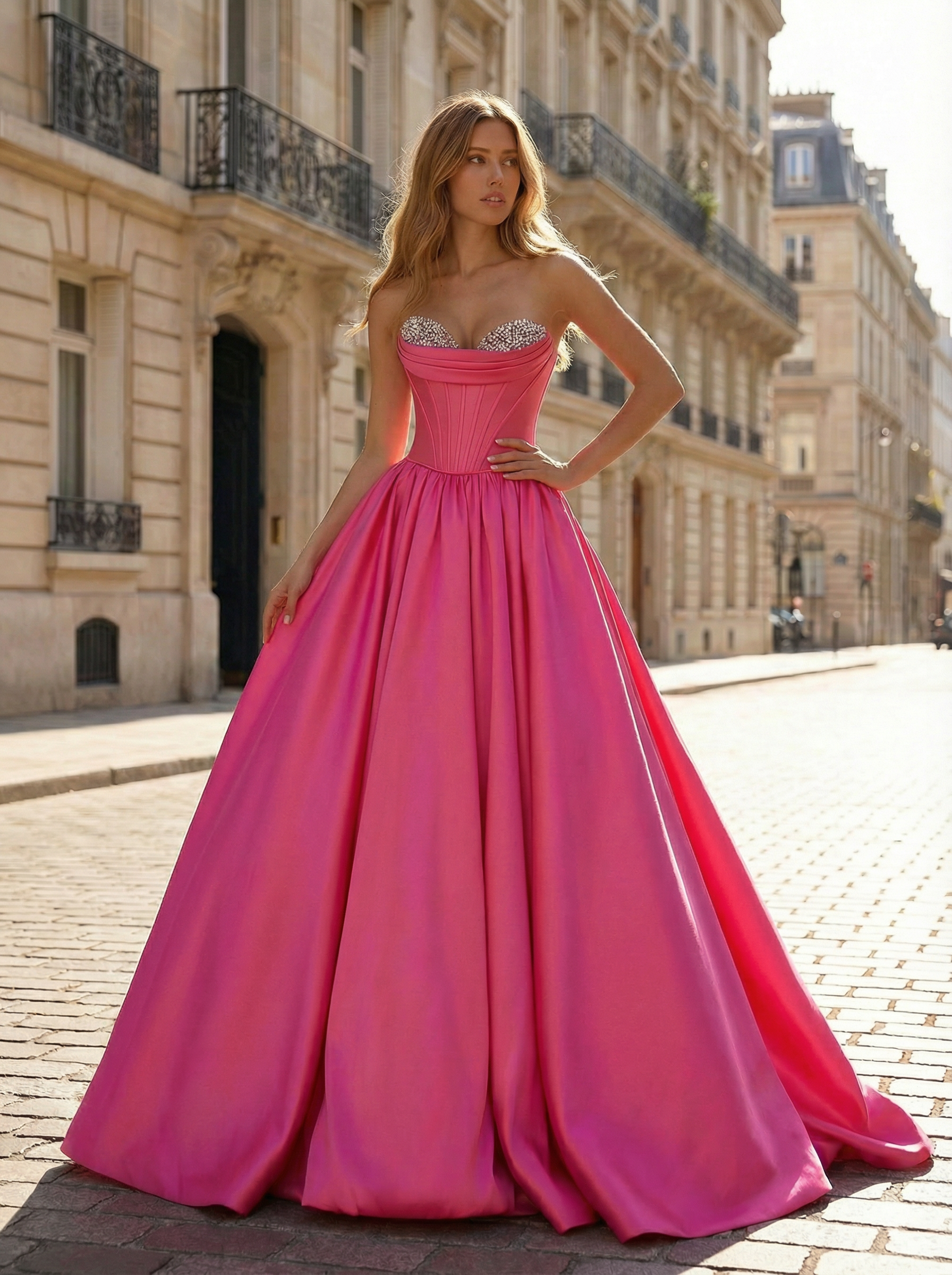 Fuchsia Sweetheart Satin Prom Dress with Crystal-Embellished Bustier