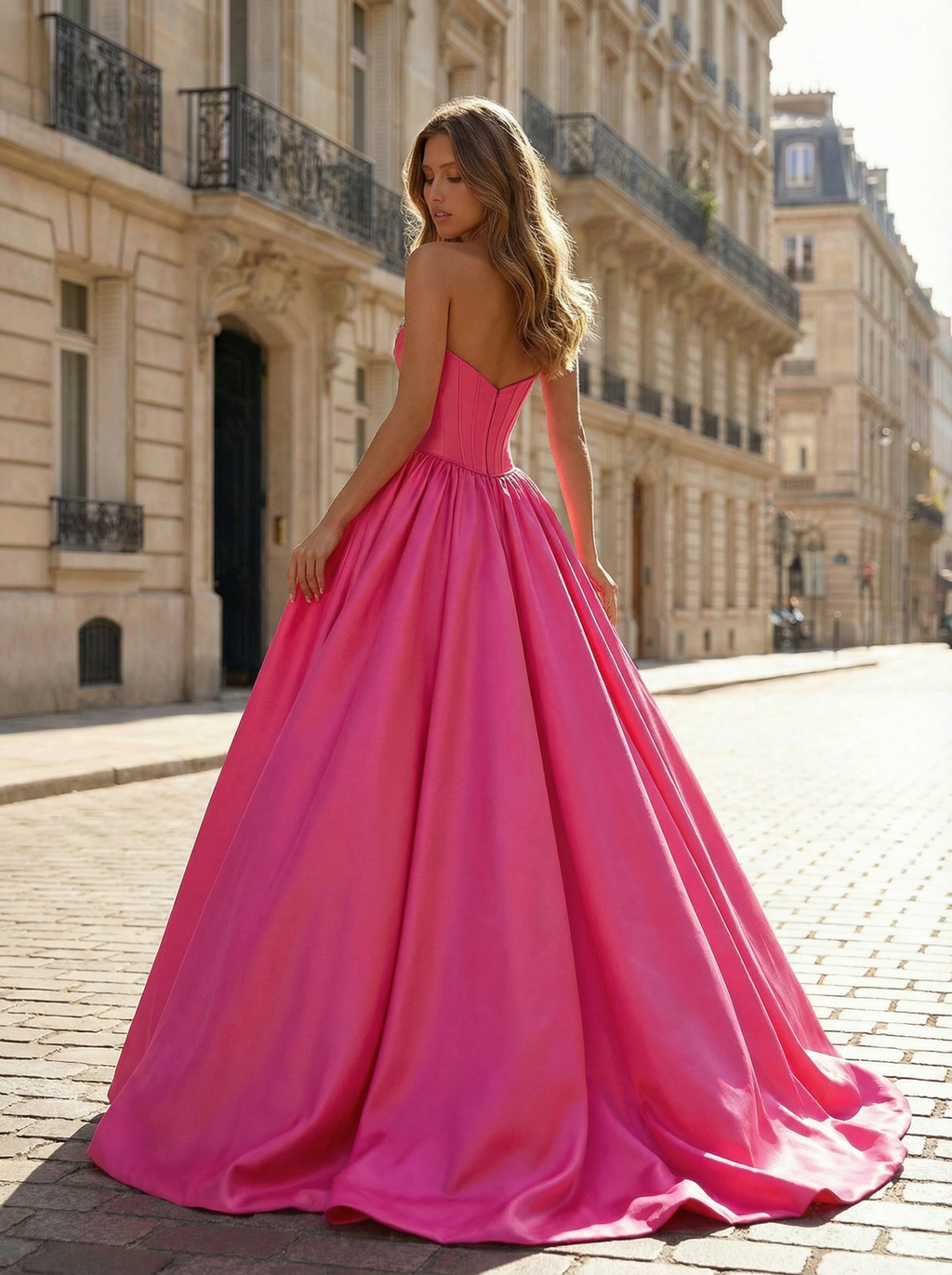 Fuchsia Sweetheart Satin Prom Dress with Crystal-Embellished Bustier