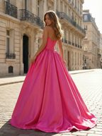 Fuchsia Sweetheart Satin Prom Dress with Crystal-Embellished Bustier