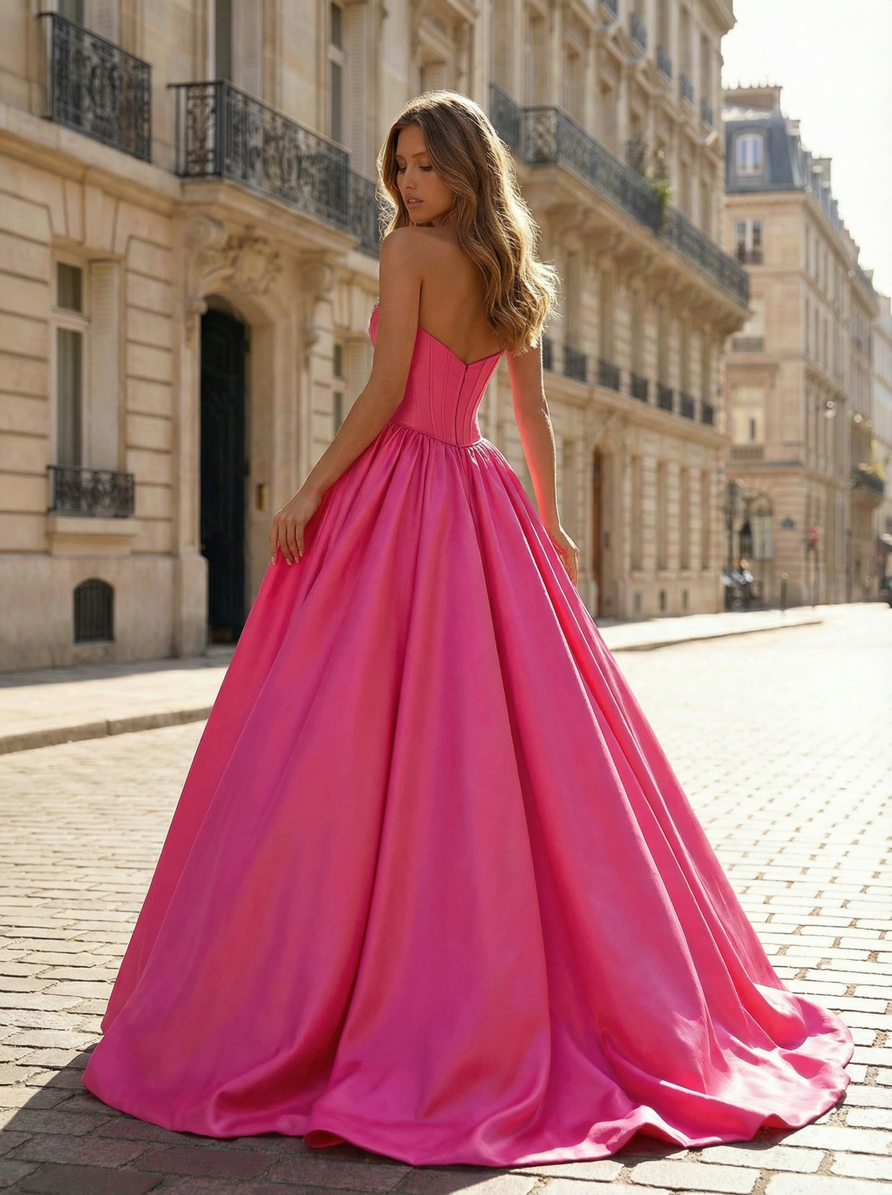 Fuchsia Sweetheart Satin Prom Dress with Crystal-Embellished Bustier