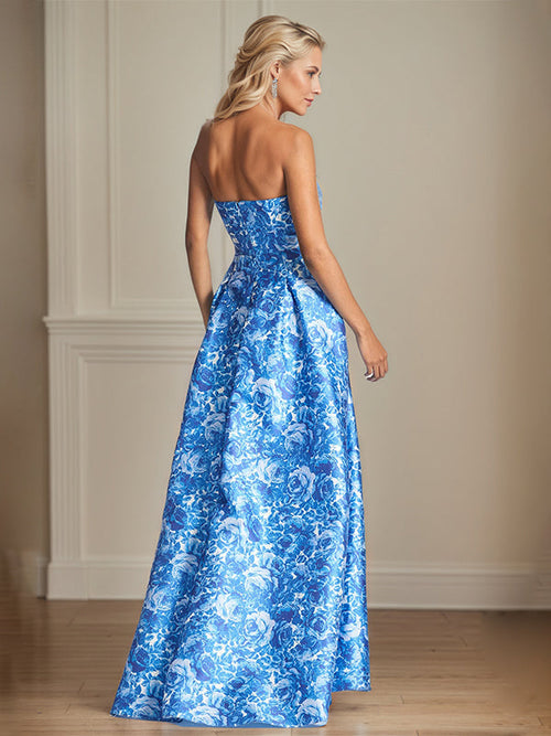 Vestido de madre de la novia en línea A, satén azul marino con escote off-shoulder y flores