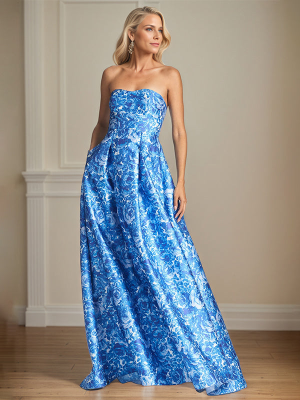 A-Line Off the Shoulder Sea Blue Satin Floral Mother of the Bride Dress