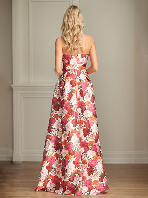 Vestido de madre de la novia satinado rojo con flores, línea A y escote off the shoulder