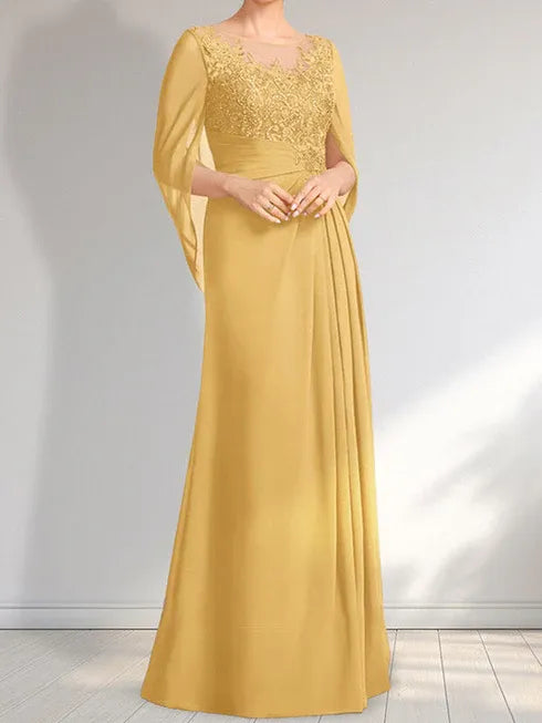 A-Linien Rundhals Illusions bodenlanges Spitzen-Chiffon Kleid für die Brautmutter mit plissierten Pailletten