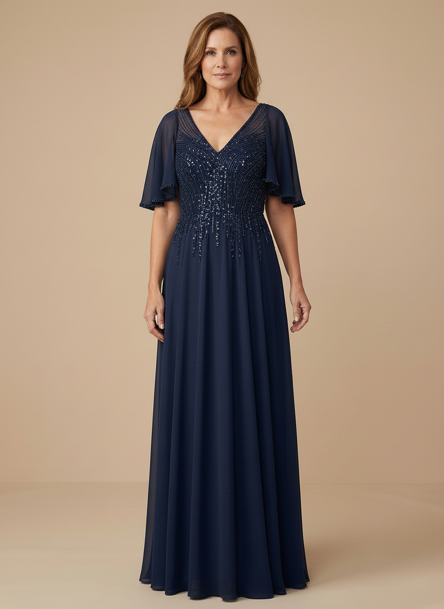 Robe mère de la mariée en mousseline coupe trapèze avec manches évasées et sequins scintillants
