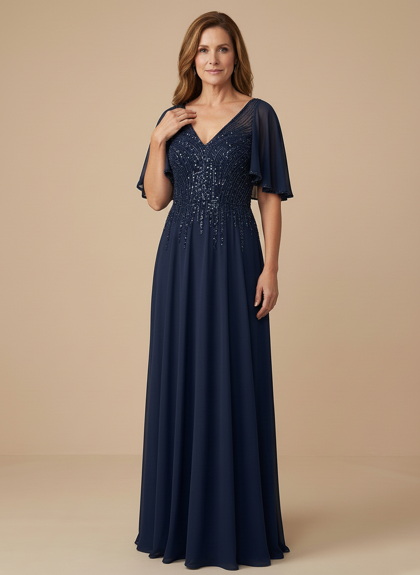 Robe mère de la mariée en mousseline coupe trapèze avec manches évasées et sequins scintillants